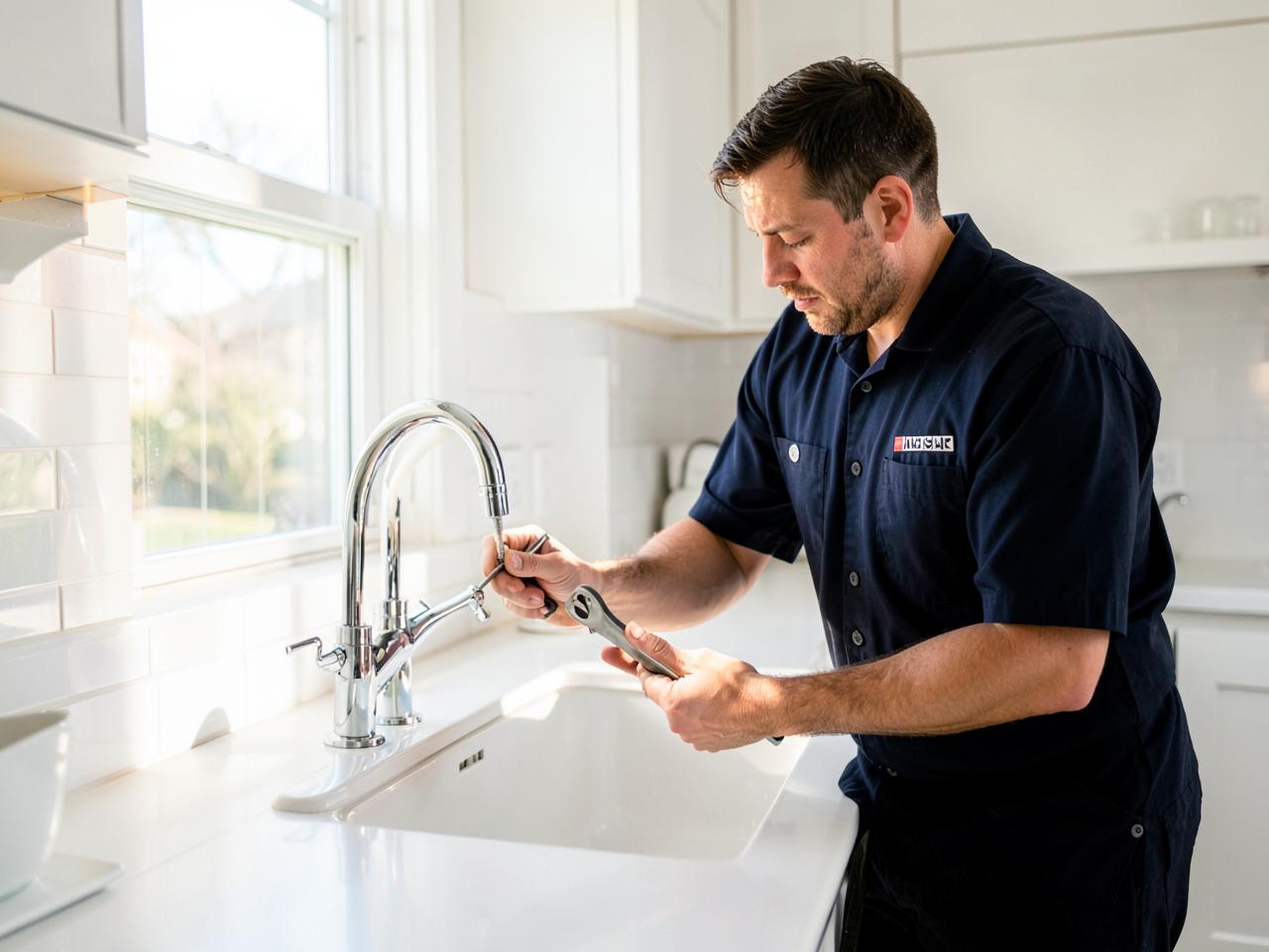 Licensed Palm Beach Plumbing technician repairing a kitchen faucet